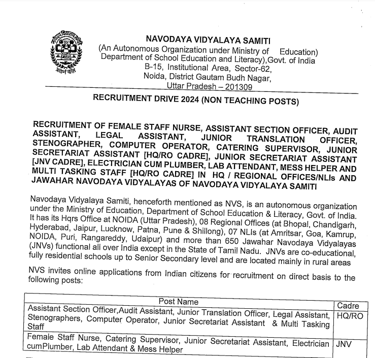 NVS Recruitment 2024 | नवोदय विद्यालय समिती अंतर्गत 1377 रिक्त पदांसाठी भरती सुरु 2 NVS Recruitment 2024 Main