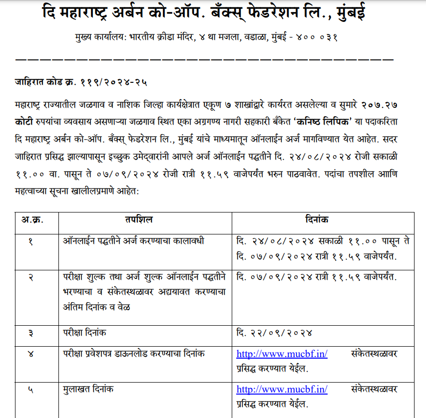 MUCBF Mumbai Recruitment 2024 | महाराष्ट्र अर्बन को-ऑपरेटिव्ह बँक्स फेडरेशन लि. मुंबई मध्ये "कनिष्ठ लिपिक" पदासाठी भरती, लगेच करा अर्ज ! 2 MUCBF Mumbai Recruitment 2024 Main