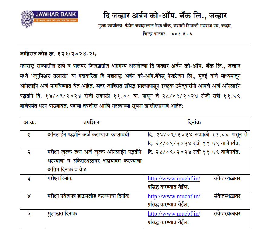 Jawhar Urban Bank Bharti 2024 Main