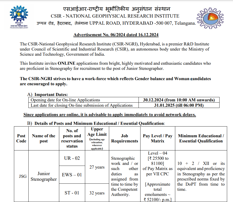 CSIR NGRI Recruitment 2025 Main