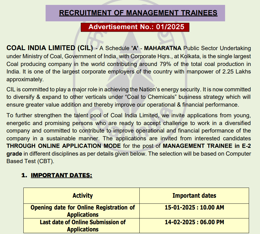 Coal India Recruitment 2025 Main