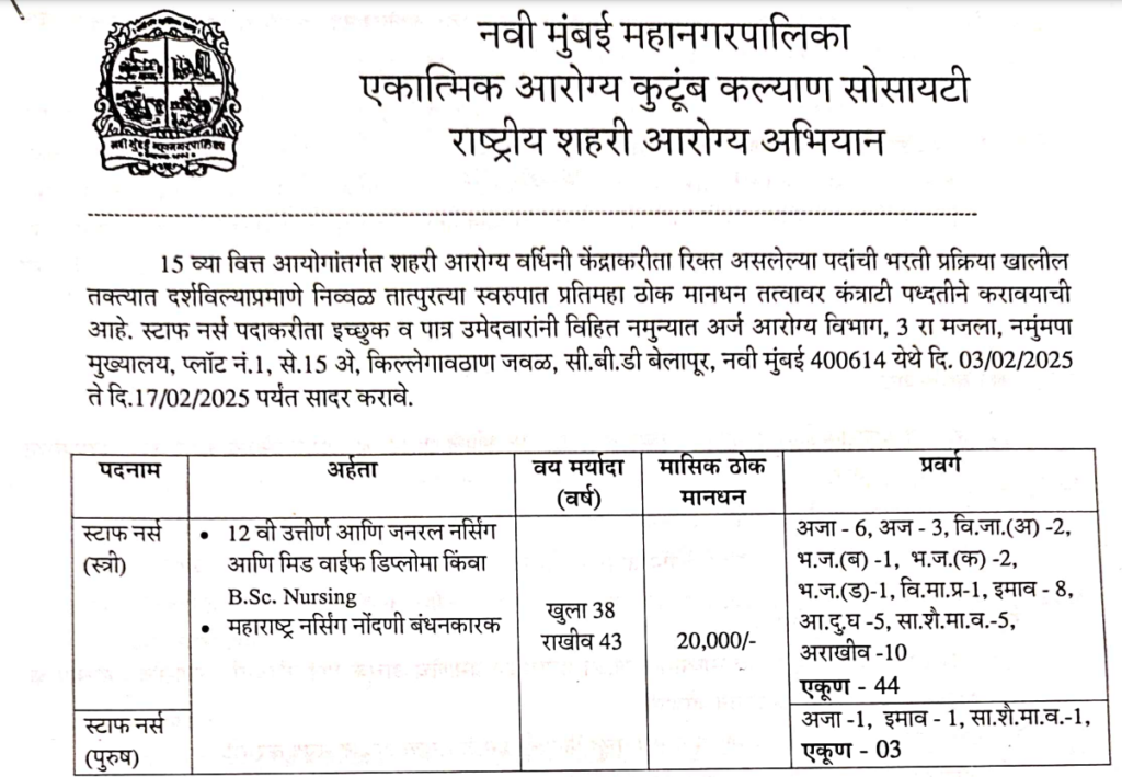 NMMC Bharti 2025 | नवी मुंबई महानगरपालिकेत स्टाफ नर्स या पदासाठी एकूण 47 रिक्त जागांसाठी भरती, लवकर करा अर्ज..! 2 NMMC Bharti 2025 Main