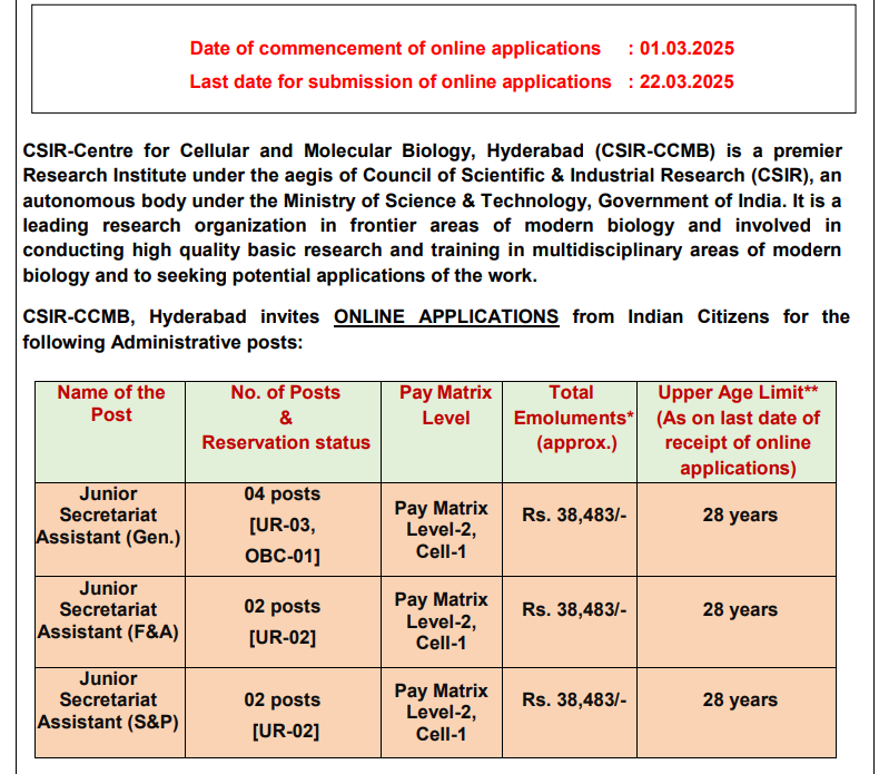 CSIR CCMB Recruitment 2025 | 12वी उत्तीर्ण उमेदवारांना CSIR-सेंटर फॉर सेल्युलर अँड मॉलिक्युलर बायोलॉजी मध्ये विविध पदांसाठी भरती..! 2 CSIR CCMB Recruitment 2025 Main