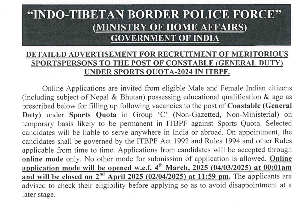 ITBP Constable GD Recruitment 2025 Main
