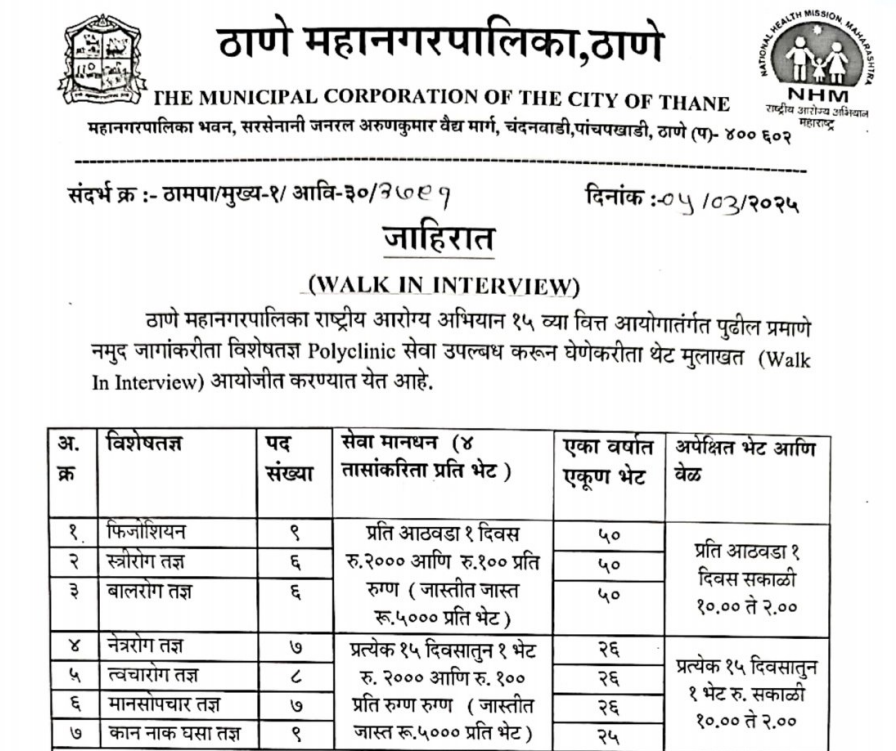 Thane Mahanagarpalika Recruitment 2025 | ठाणे महानगरपालिकेत विविध पदांसाठी थेट मुलाखतीद्वारे भरती जाहीर..! 2 Thane Mahanagarpalika Recruitment 2025 Main