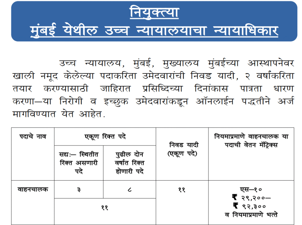 Bombay High Court Recruitment 2025 | मुंबई उच्च न्यायालयात "वाहनचालक" या पदासाठी भरती जाहीर, असा करा अर्ज..! 2 Bombay High Court Recruitment 2025 Main