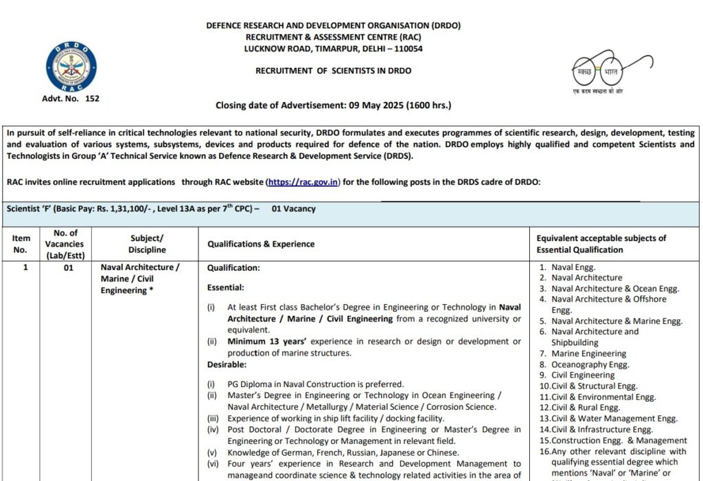 DRDO RAC Bharti 2025 Main