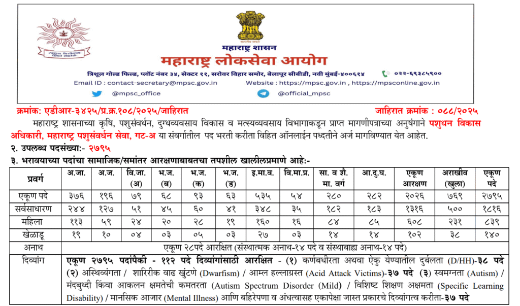 MPSC Pashudhan Vikas Adhikari Bharti 2025 | एम.पी.एस.सी अंतर्गत पशुधन विकास अधिकारी या पदासाठी तब्बल 2795 रिक्त जागांसाठी भरती जाहीर 2 MPSC Pashudhan Vikas Adhikari Bharti 2025 Main