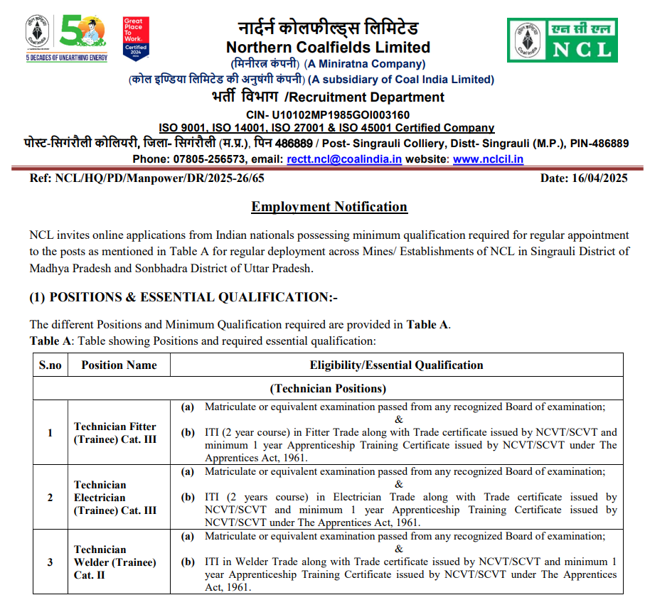 NCL Bharti Notification 2025 | 10वी उत्तीर्ण उमेदवारांना नॉर्दर्न कोलफिल्ड्स लिमिटेड मध्ये 200 जागांसाठी भरती सुरु, असा करा अर्ज..! 2 NCL Bharti Notification 2025 Main