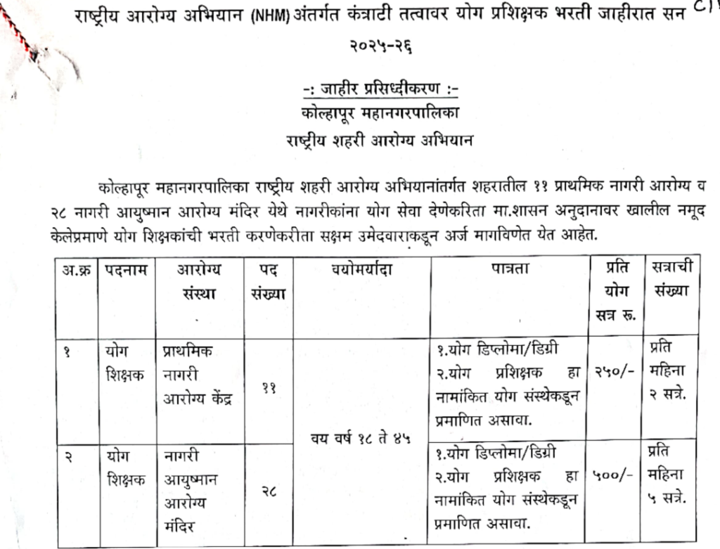 NHM Kolhapur Bharti 2025 | राष्ट्रीय आरोग्य अभियान, कोल्हापूर मध्ये "योग शिक्षक" या पदासाठी भरती सुरु 2 NHM Kolhapur Bharti 2025 Main