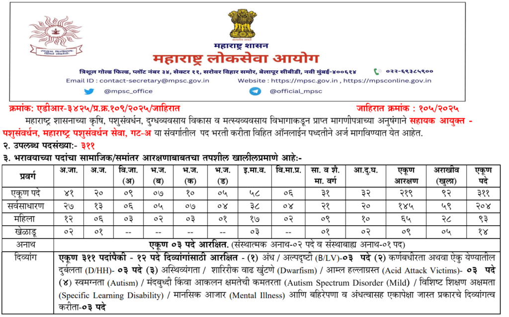 MPSC Pashusavardhan Vibhag Bharti 2025 | एम.पी.एस.सी अंतर्गत 311 रिक्त जागांसाठी भरती सुरु, अर्ज करण्यासाठी येथे पहा..! 2 MPSC Pashusavardhan Vibhag Bharti 2025 Main