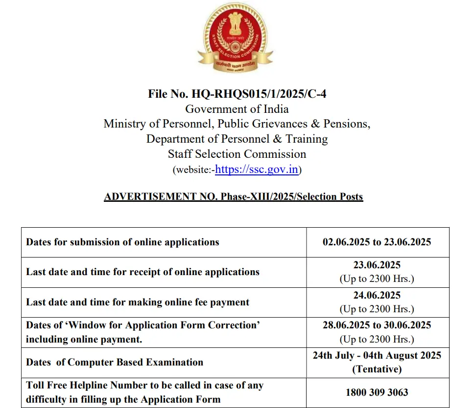 Staff Selection Commission Recruitment 2025 | स्टाफ सिलेक्शन कमिशन अंतर्गत तब्बल 2423 रिक्त जागांसाठी भरती सुरु 2 Staff Selection Commission Recruitment 2025 Main