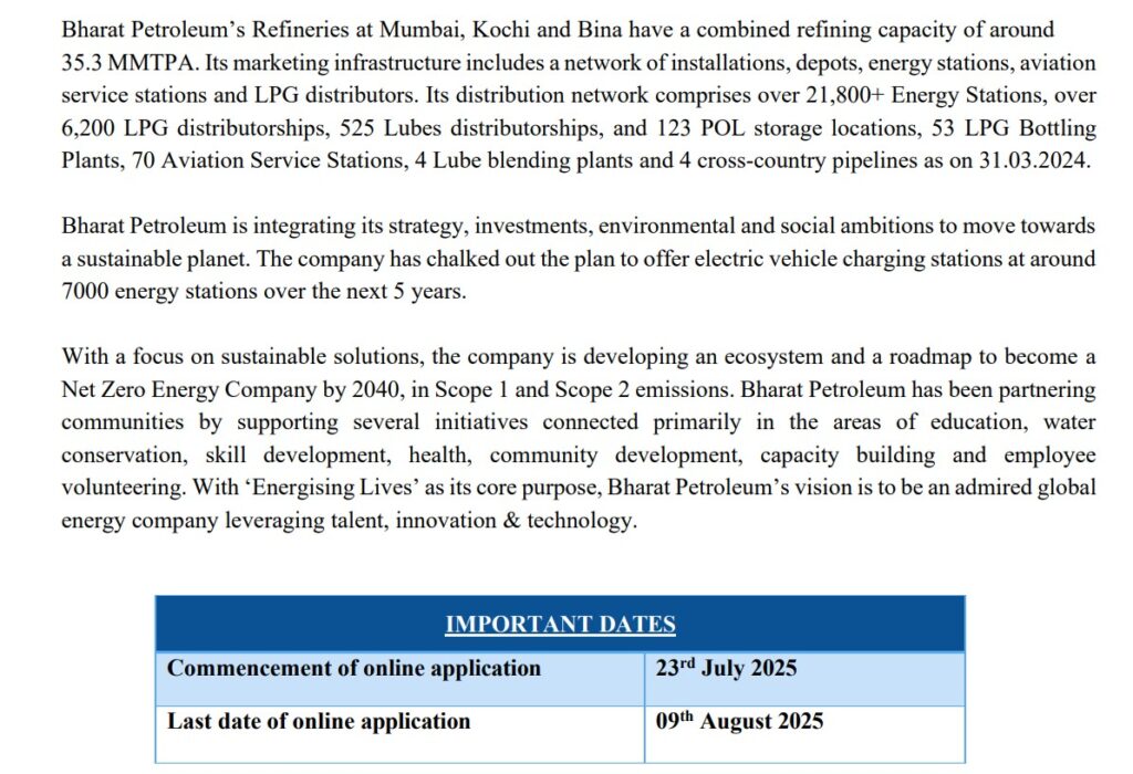 Bharat Petroleum Bharti 2025 | भारत पेट्रोलियममध्ये नोकरीची सुवर्णसंधी – ऑनलाईन अर्जाची प्रक्रिया सुरू, पात्रता व तपशील पहा! 2 Bharat Petroleum Bharti 2025 1