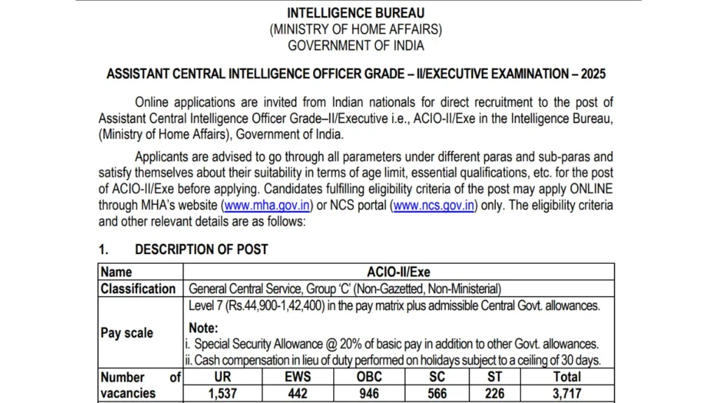 Intelligence Bureau ACIO Recruitment 2025 Main