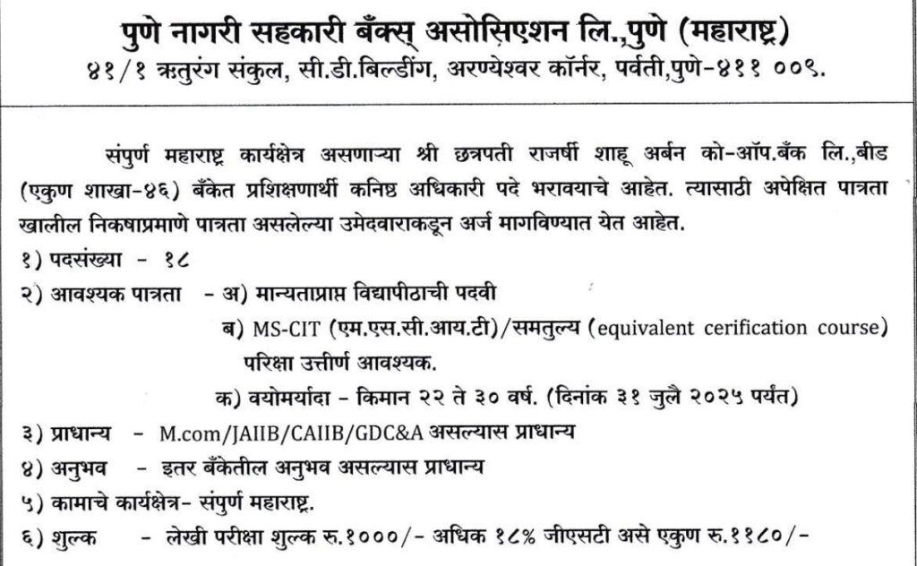 Chhatrapati Shahu Urban Co Op Bank Beed Bharti 2025 1