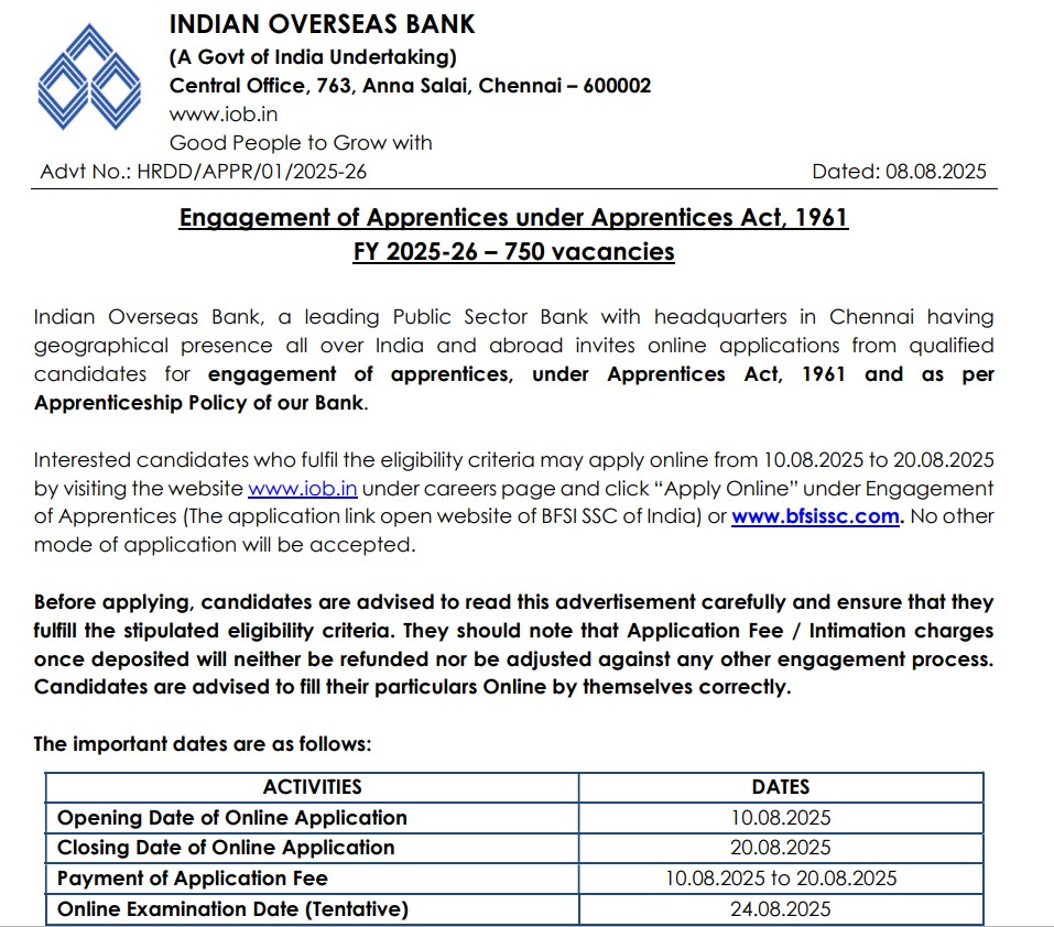 Indian Overseas Bank Apprentice Recruitment 2025 | इंडियन ओव्हरसीज बँकेत अप्रेंटिस पदांसाठी भरती २०२५ - पात्र उमेदवारांसाठी ऑनलाइन नोंदणी सुरू! 2 Indian Overseas Bank Apprentice Recruitment 2025 1