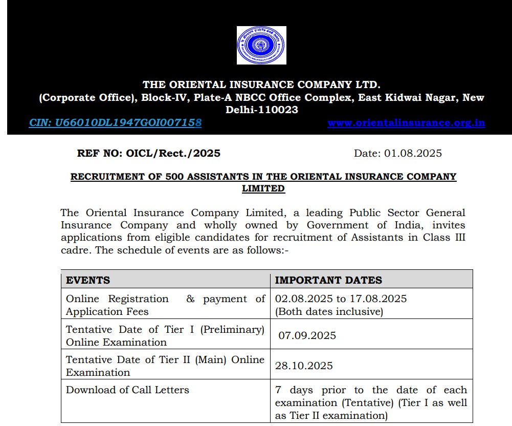 OICL Assistant Notification 2025 | ओरिएंटल इन्शुरन्स कंपनी लिमिटेड अंतर्गत असिस्टंट पदासाठी सुवर्णसंधी - जाणून घ्या संपूर्ण भरती तपशील! 2 OICL Assistant Notification 2025 1