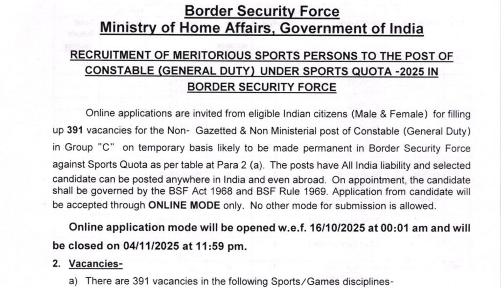 BSF Constable (GD) Sports Quota Bharti 2025 | भारतीय सीमा सुरक्षा दलात खेळाडूंसाठी मोठी भरती जाहीर - पात्रता, वेतन आणि अर्जाची शेवटची तारीख जाणून घ्या! 2 BSF Constable (GD) Sports Quota Bharti 2025 1