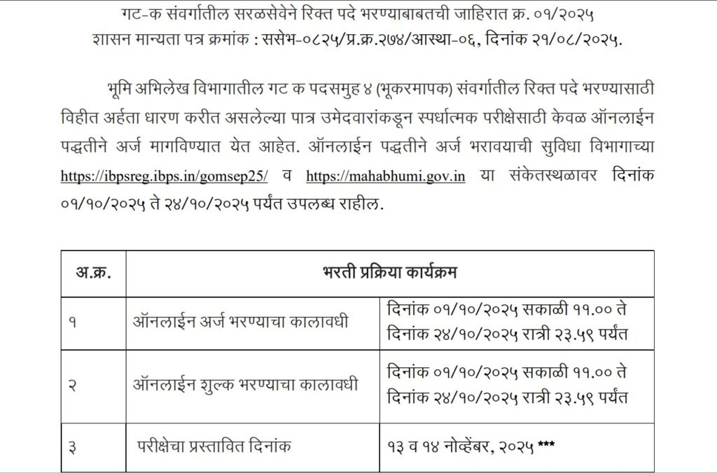 Bhumi Abhilekh Bharti 2025 Maharashtra | भूमी अभिलेख विभागात मेगा भरती जाहीर, पात्रता, रिक्त जागा व अर्ज प्रक्रिया जाणून घ्या! 2 Bhumi Abhilekh Bharti 2025 Maharashtra 1