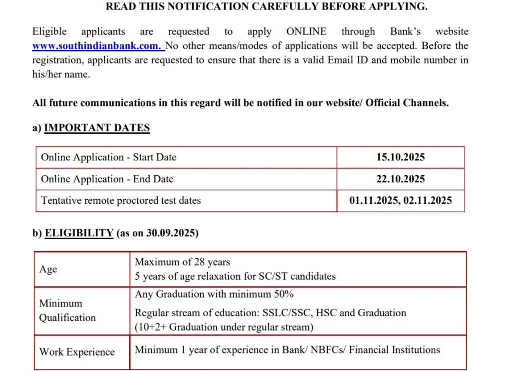 South Indian Bank Recruitment 2025 | नोकरी शोधणाऱ्यांसाठी आनंदाची बातमी | ऑनलाईन अर्ज सुरू - पात्रता, वयोमर्यादा, पगार व इतर माहिती जाणून घ्या येथे! 2 South Indian Bank Recruitment 2025 1